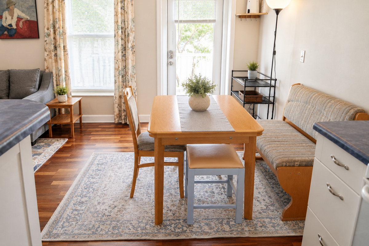 Open design of this 1br condo with great use of space.  Dining table for dining or use while working remotely.