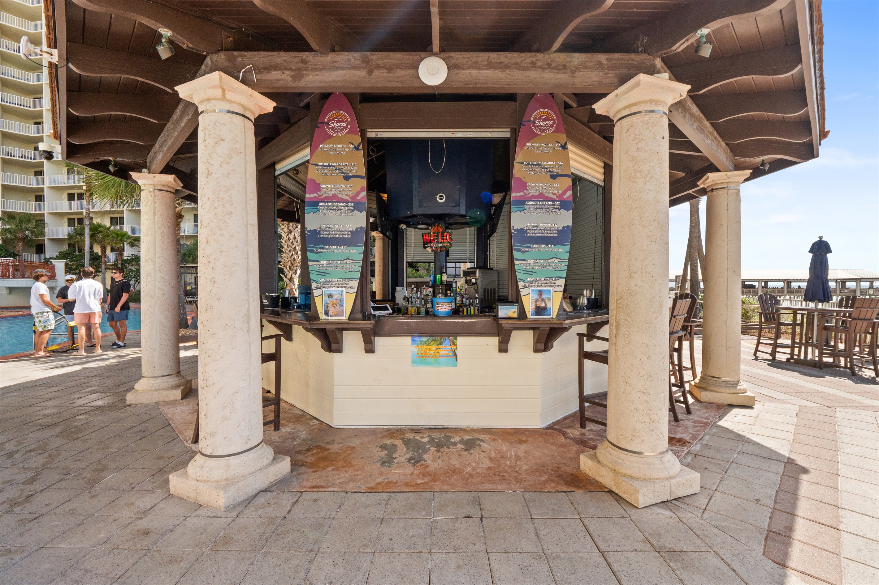 The beloved tiki bar in our pool area.