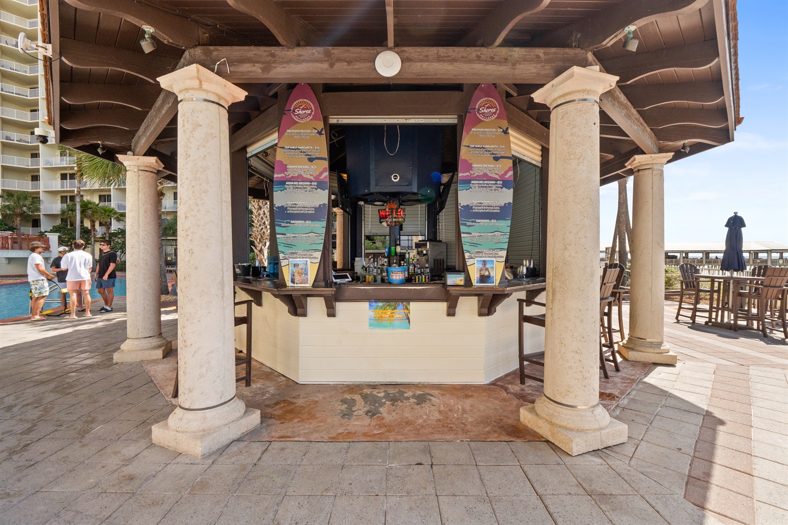 The beloved tiki bar in our pool area.