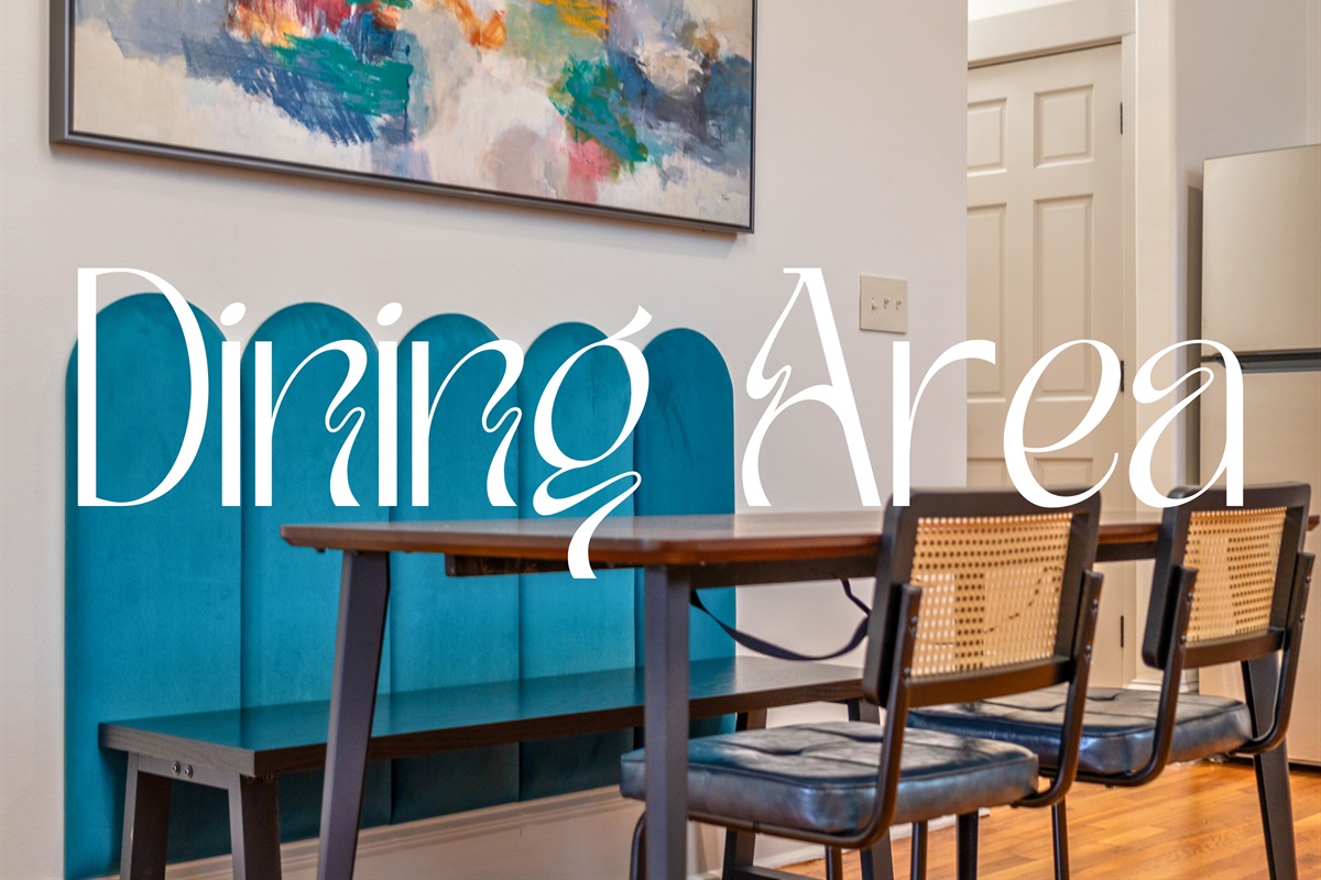 The dining area’s bold design and colorful accents create a lively and welcoming space to enjoy your meals.