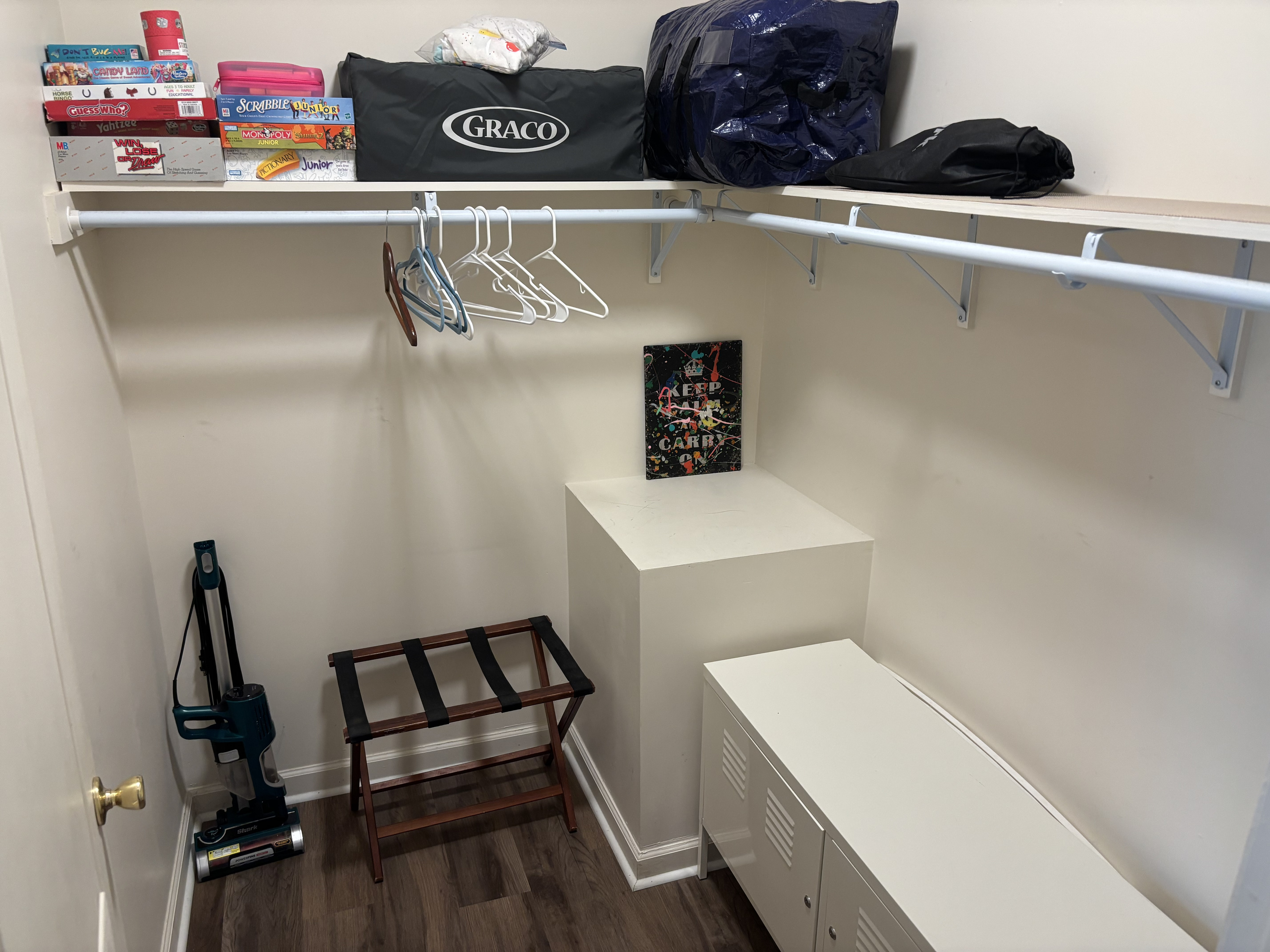 Walk-in closet in the primary suite with ample clothing and luggage storage for extended stays.