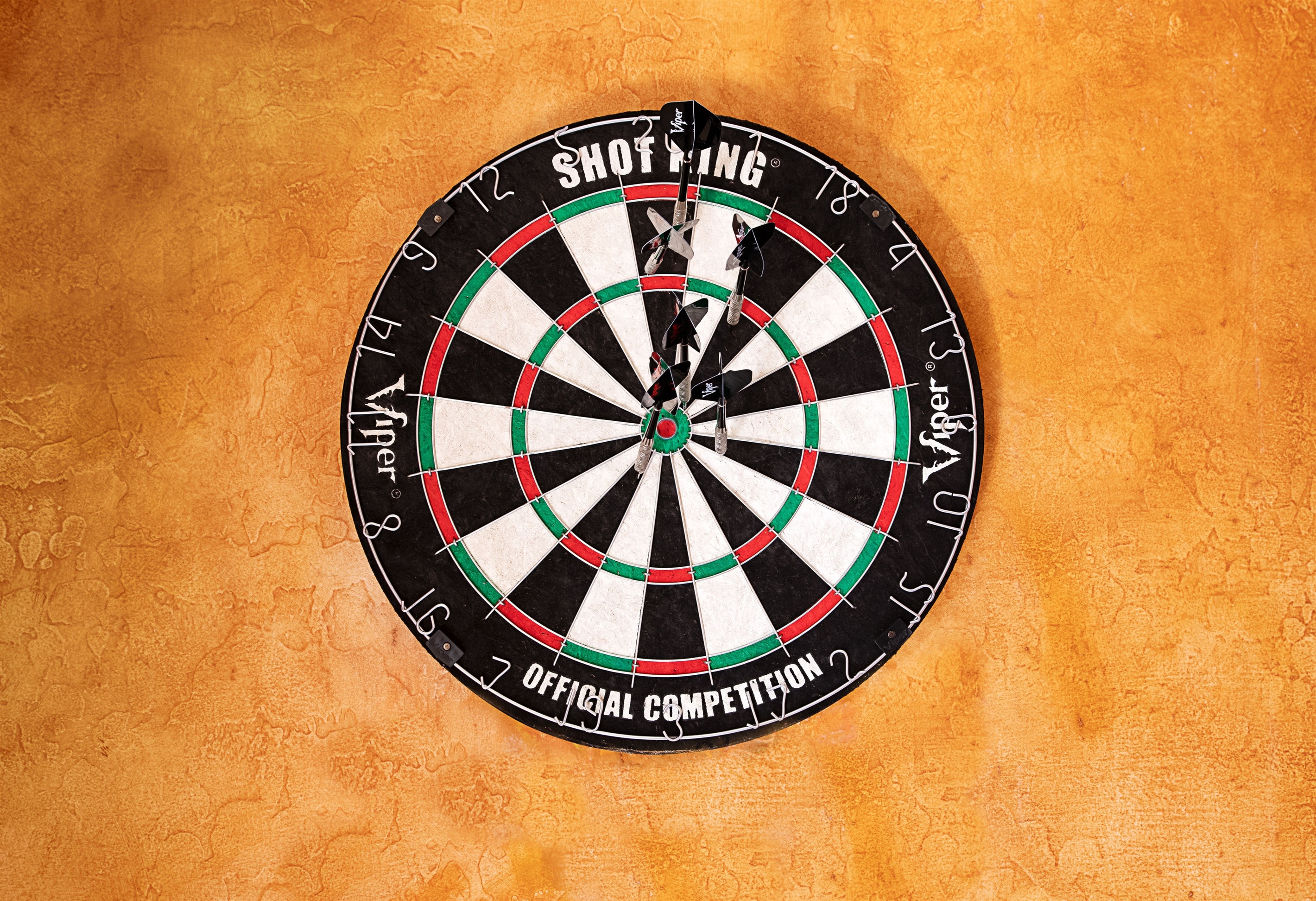 Challenge your aim and enjoy some friendly competition with this classic wall-mounted dartboard set against warm textured walls.