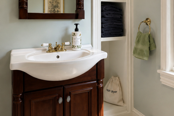 Second floor full bath — mahogany vanity, brass fixtures, and built-in linen shelves stocked with fresh towels. The details here are as considered as anywhere else in the house.