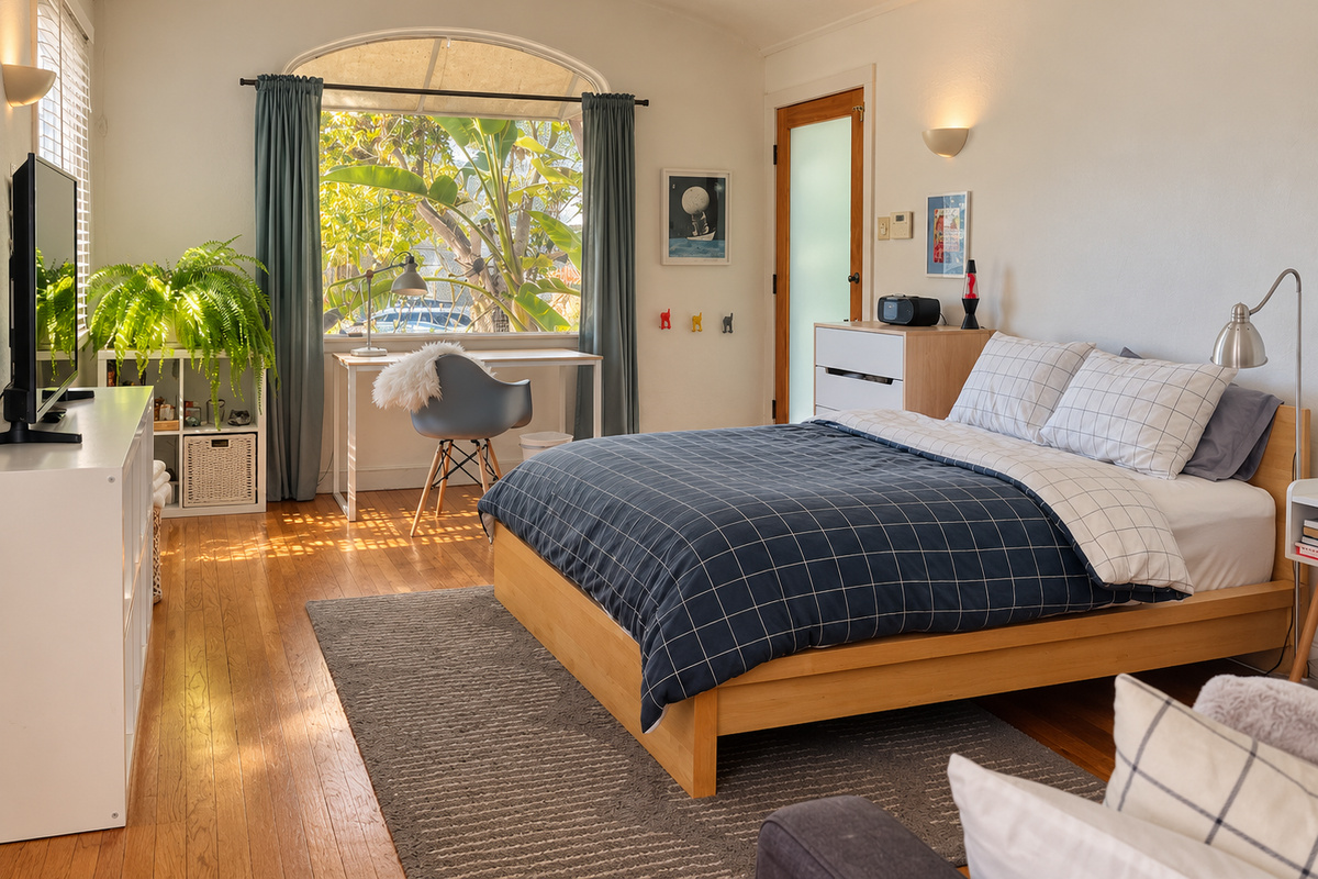 Bedroom with an arched window and writing desk.