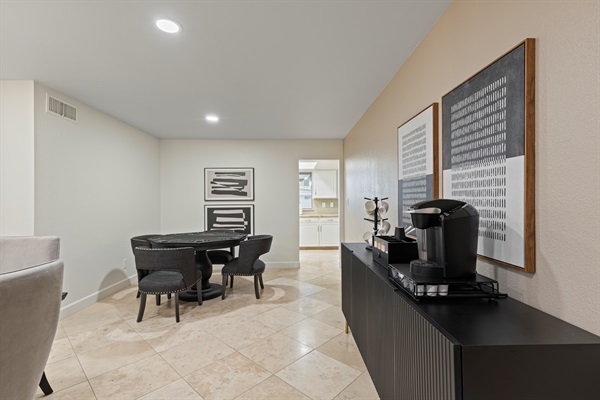 Open dining space with coffee bar and flexible seating areas