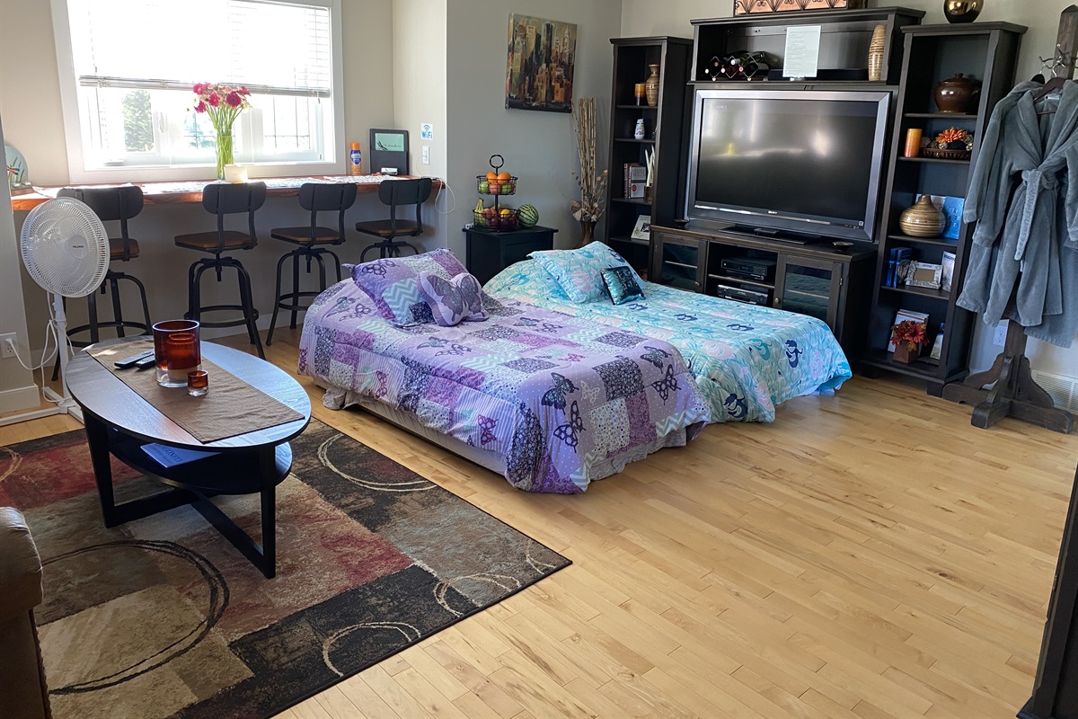 GUEST LIVING ROOM. PULL OUT COUCH AND TWIN BEDS AVAILABLE. LET US KNOW YOUR PREFERENCE AND WE CAN SET UP THE ADDITIONAL SLEEPING SPACE MANY DIFFERENT WAYS.