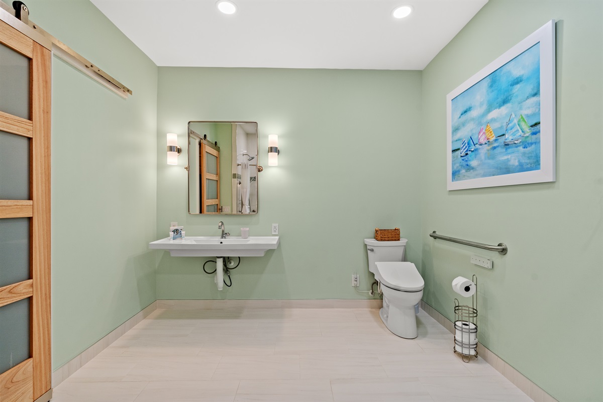 Full mobility compliant 2nd bathroom, grab bars, high toilet, bidet and sink with chair clearance.