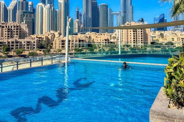 Swimming pool with full Burj Khalifa view