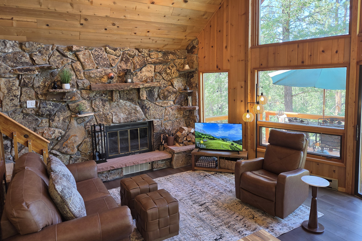 Living Room with wood-burning fireplace