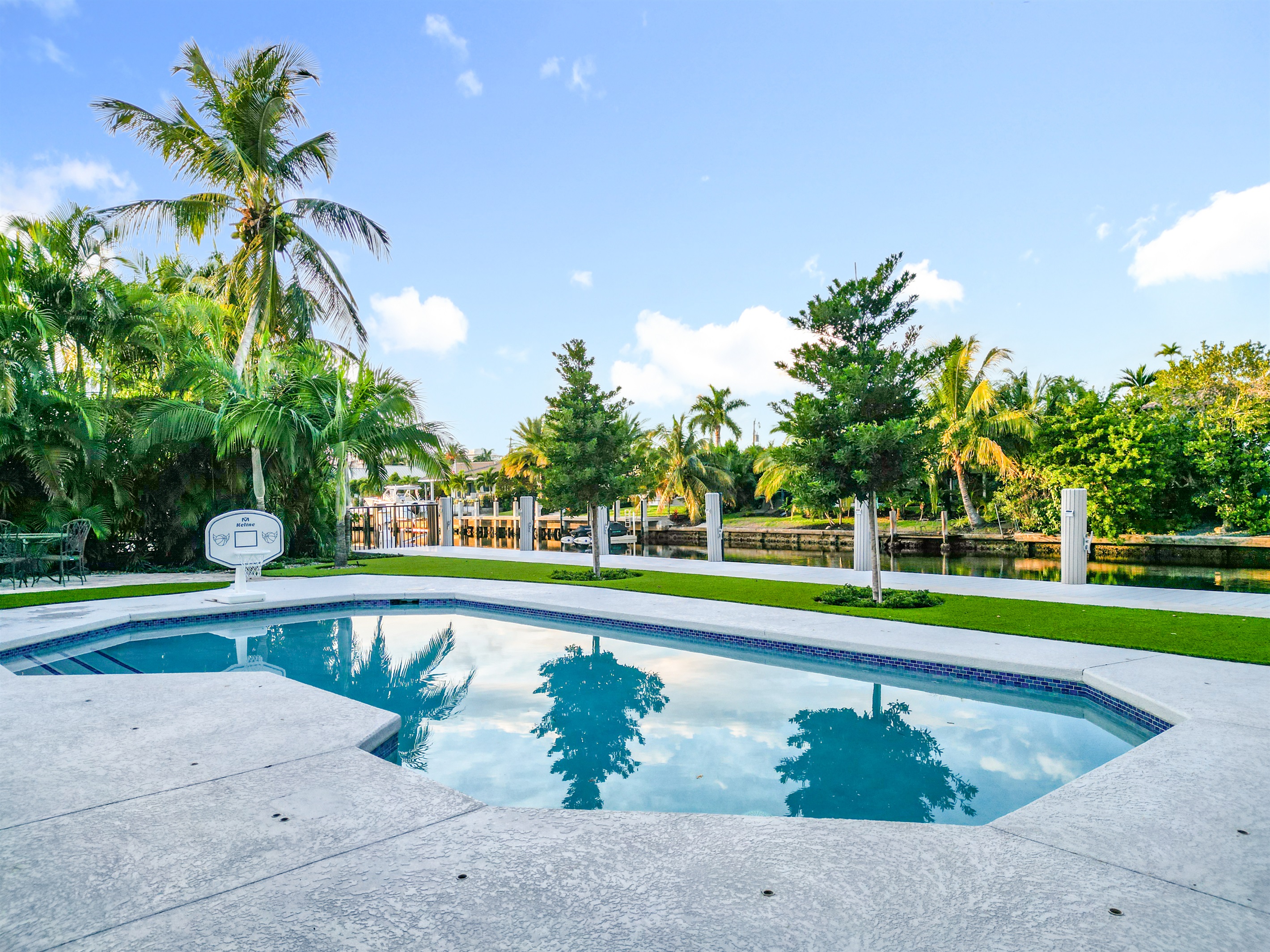 Looking out at night you will see a lit up Pier 66