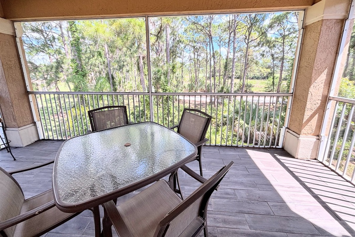 Spacious screened balcony with seating, ceiling fan, and relaxing wooded views.