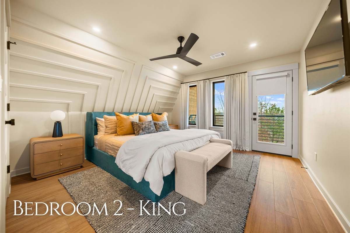 This bedroom has such a light and peaceful feel, with cozy bedding and a relaxing layout that makes it feel like your own private retreat.