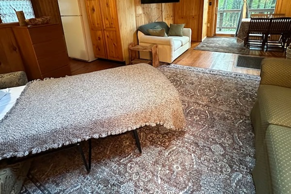 Cozy living room with two sleeper sofas — one folds into a twin bed, the other a cot-size. Perfect for extra guests! Fresh bedding is stored in the closet. Ideal for relaxing after a day exploring the orchards, trails, or lakes nearby.