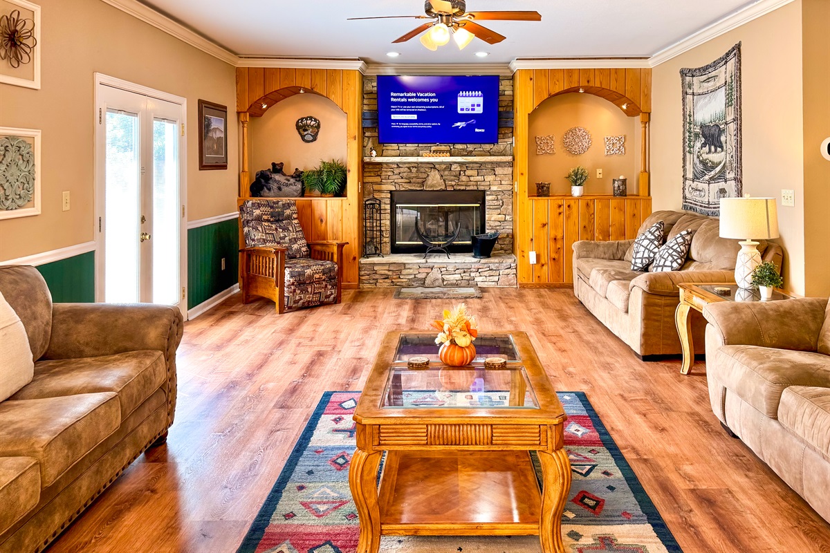 We have a lot of seating around the large-screen TV and fireplace.