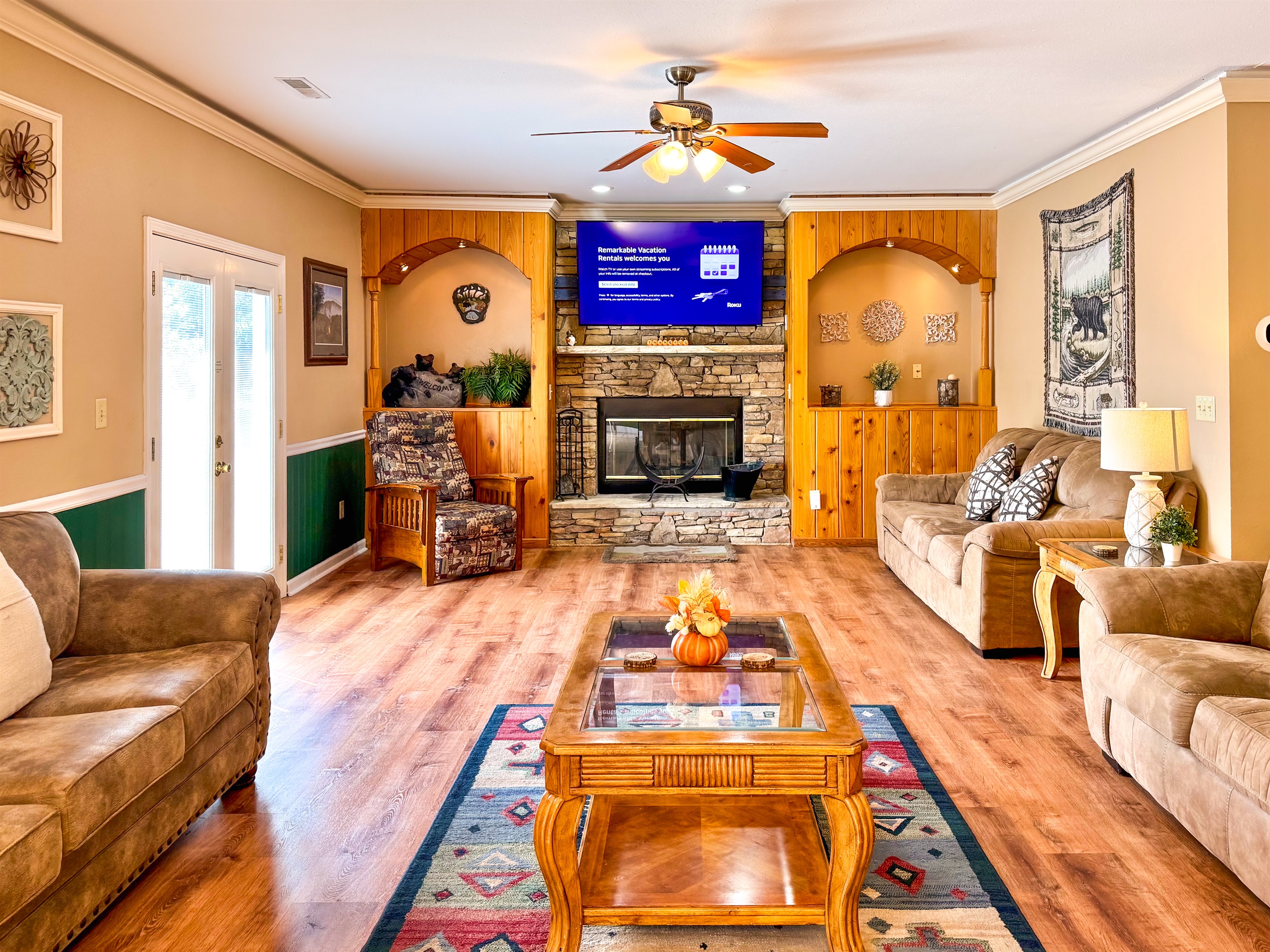 We have a lot of seating around the large-screen TV and fireplace.