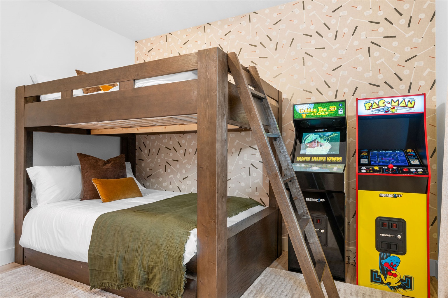Fun bunk room with arcade games—perfect for kids and kids at heart.