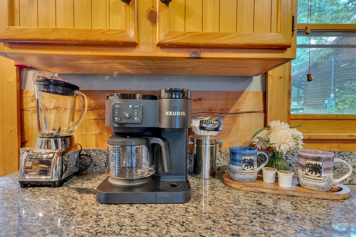 Morning coffee made easy with Keurig, drip maker, and mugs