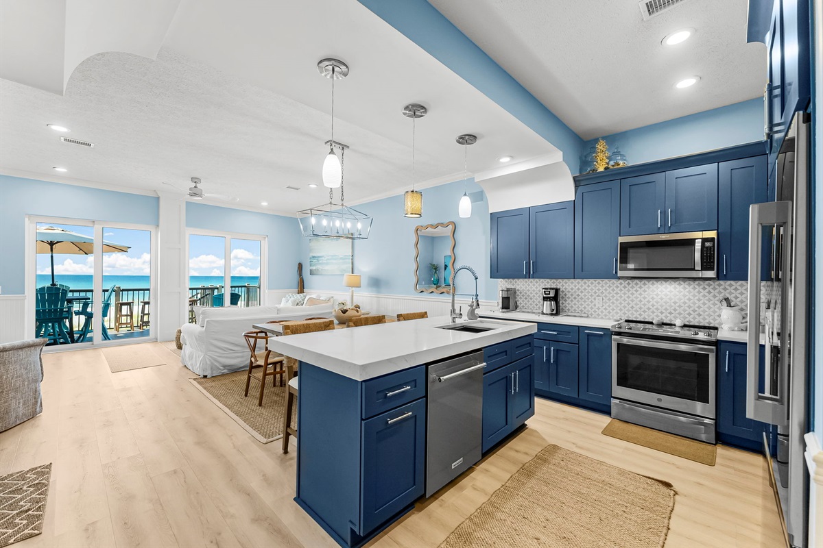 Fully equipped kitchen: granite counters, stainless appliances, plus a wine cooler/ice-maker & kitchenette. Dining room and breakfast bar seat 10 comfortably