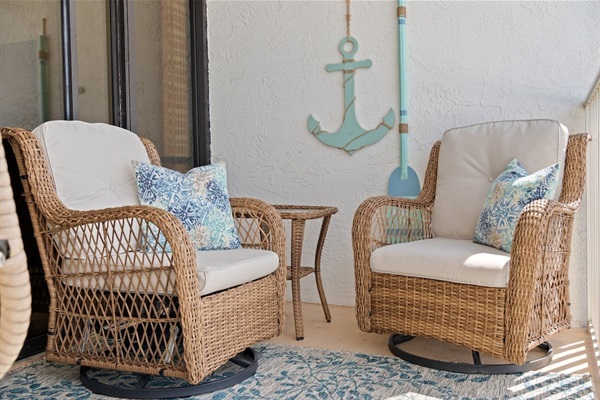 Enjoy our rattan swivel/rockers as you listen to the waves crash the beach.  