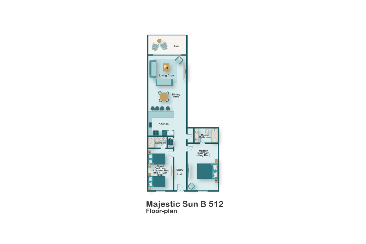 Floor plan for Majestic Sun B512. This Miramar Beach condo has a Spacious living area with plenty of seating, Gulf views, 55" Smart TV with easy access to Roku, Prime TV, Netflix, and more!