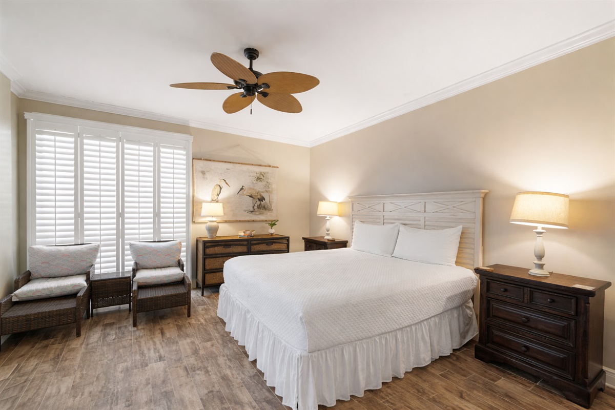 Primary bedroom will have a king bed, ceiling fan with light kit, wall mounted smart TV, direct balcony access and en-suite bathroom 