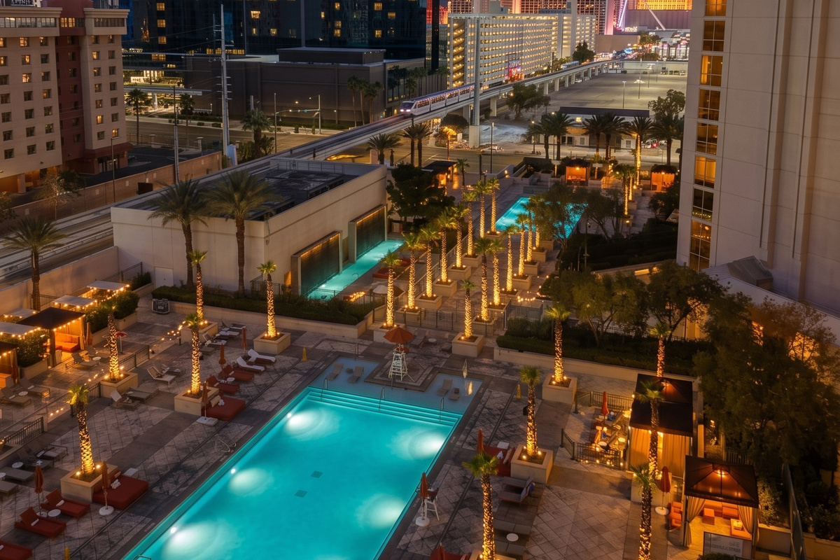 The pool after dark at MGM Signature. Turquoise water, lit palms, the Strip glowing past the deck. Cabana afternoons, late-light swims, the monorail humming overhead.

Plan the stay.