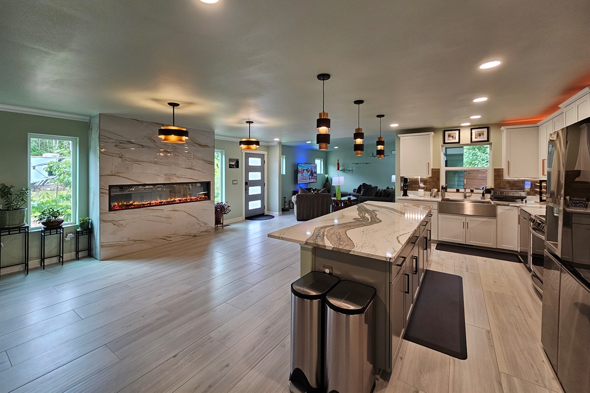 Shared kitchen with ample counter space for light meal prep.