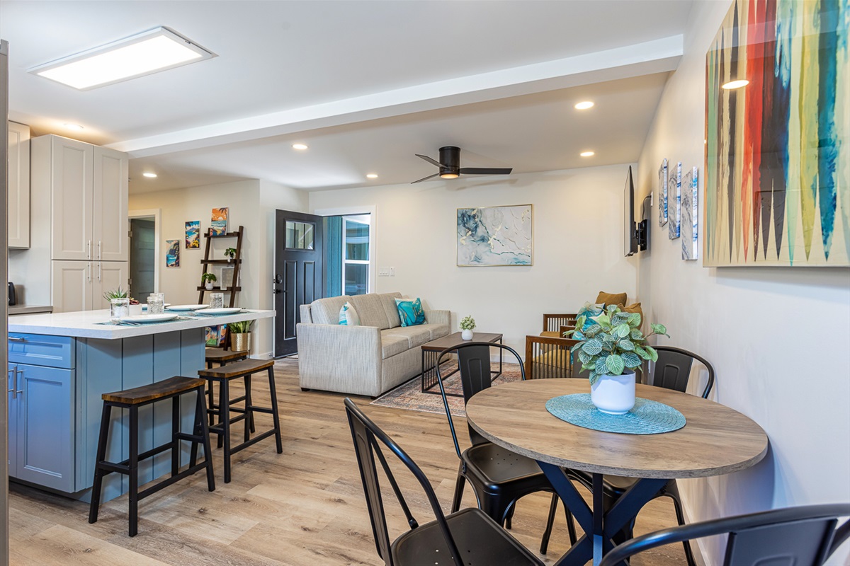 Seat Up to 8 Inside Via the Table and Barstools