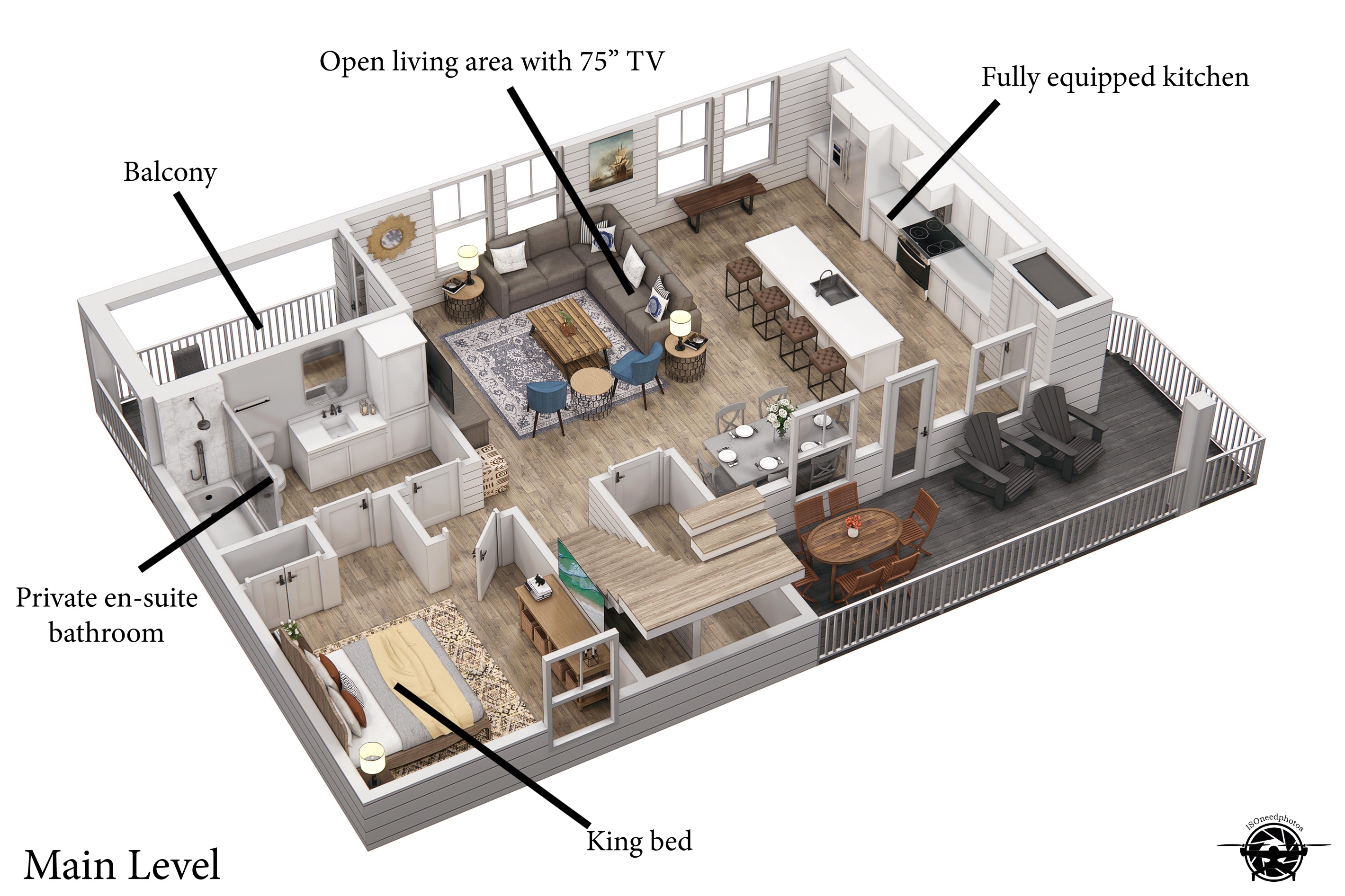 Main level floor plan. Full 3D Floor Plan – See how the home is laid out to fit your group comfortably!
