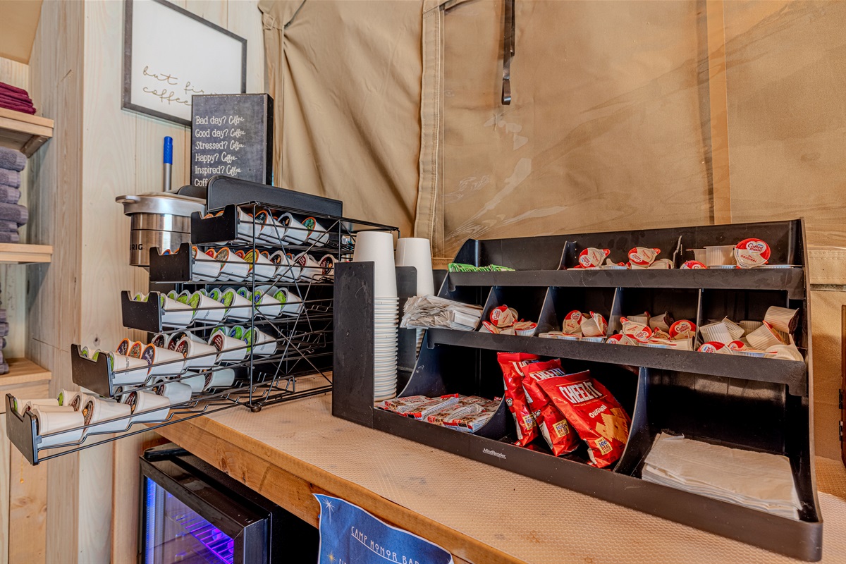 Customize your morning cup. We offer a full range of coffee bar essentials, including pure raw honey, specialty syrups, sweeteners, and creamers—all available via our easy Honor System.