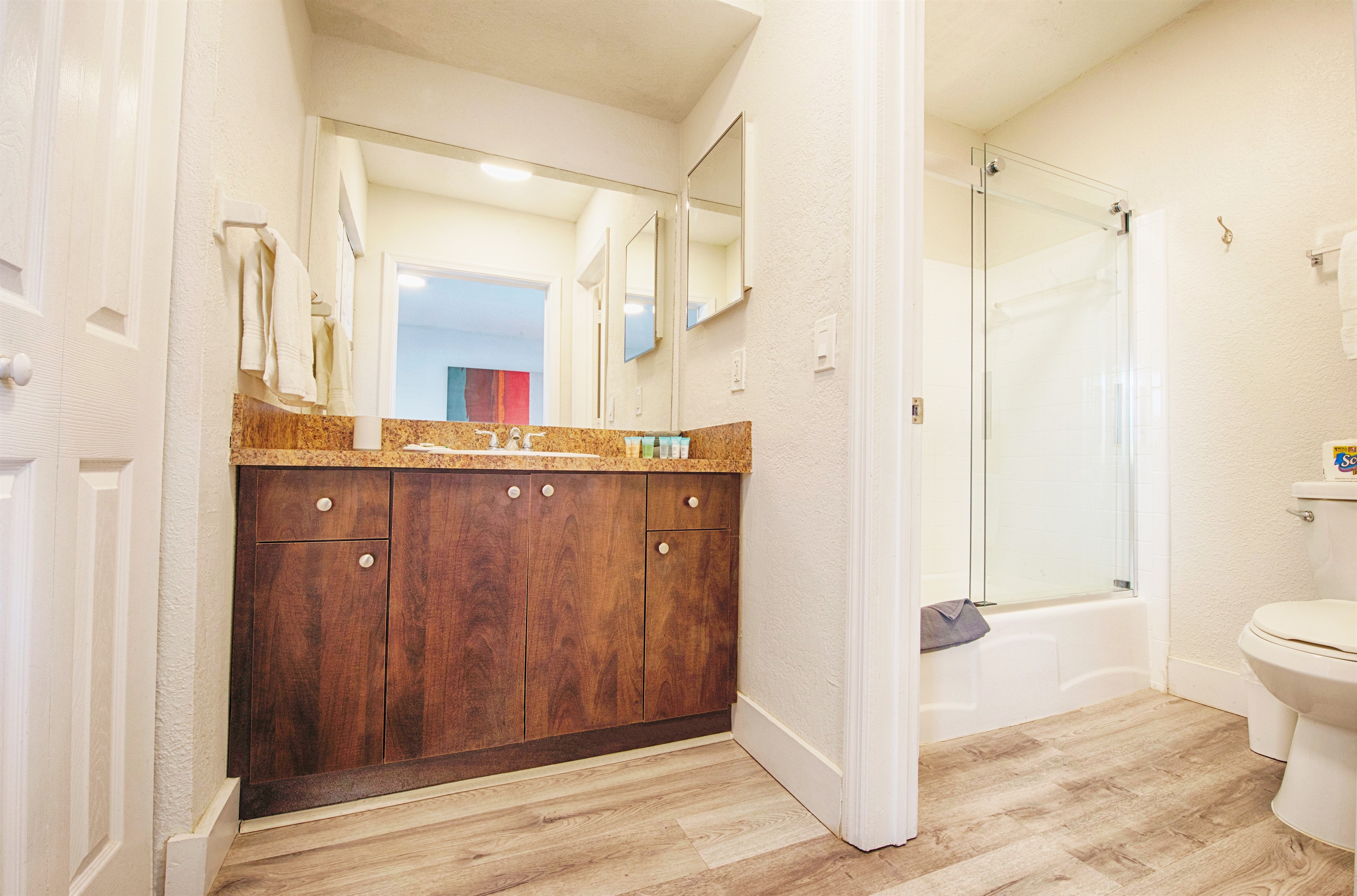 Separated bathroom vanity for convenience. Entry towards bath.