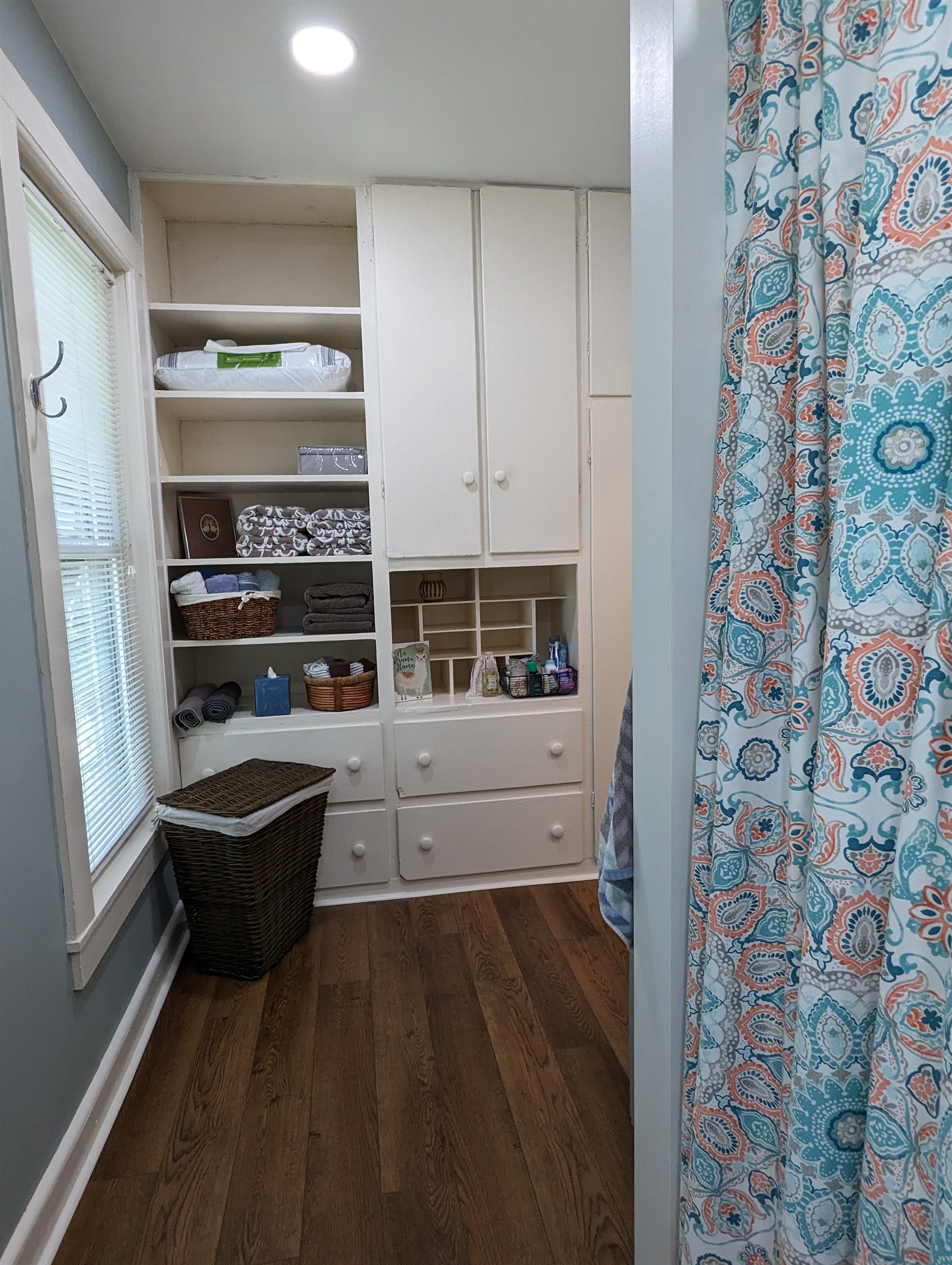 Shower and builtins in bathroom
