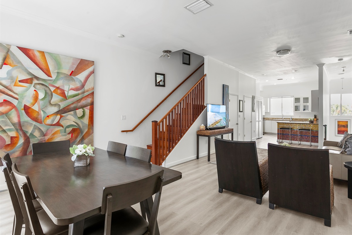 Large dining table with comfortable seating for six