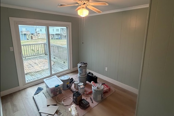 This bedroom connects to the larger bathroom, and will have a queen bed. Trim is now complete! (Please ignore the tools :)