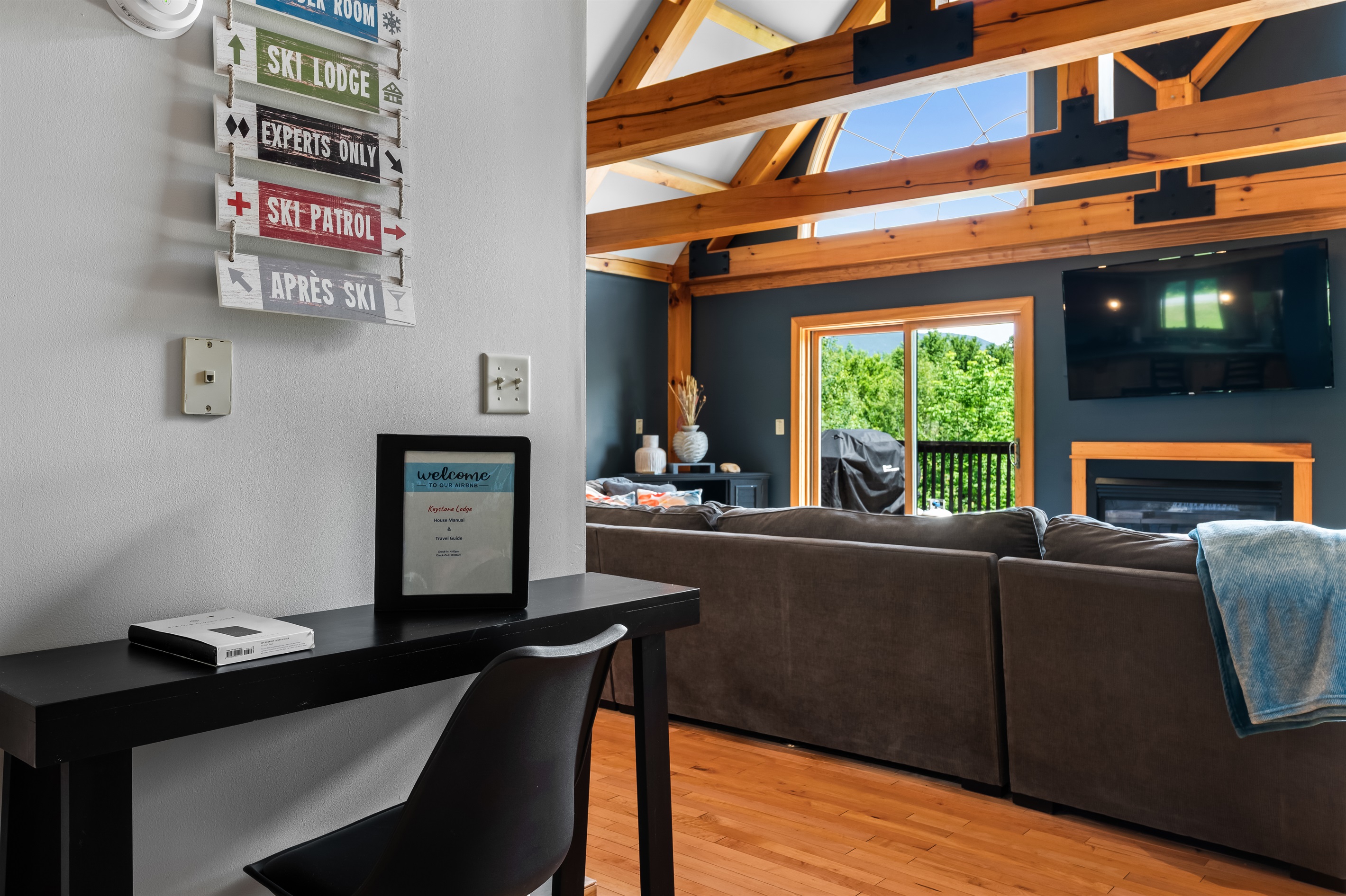 Whether planning the day or checking in remotely, this desk nook keeps life organized without missing the fun.