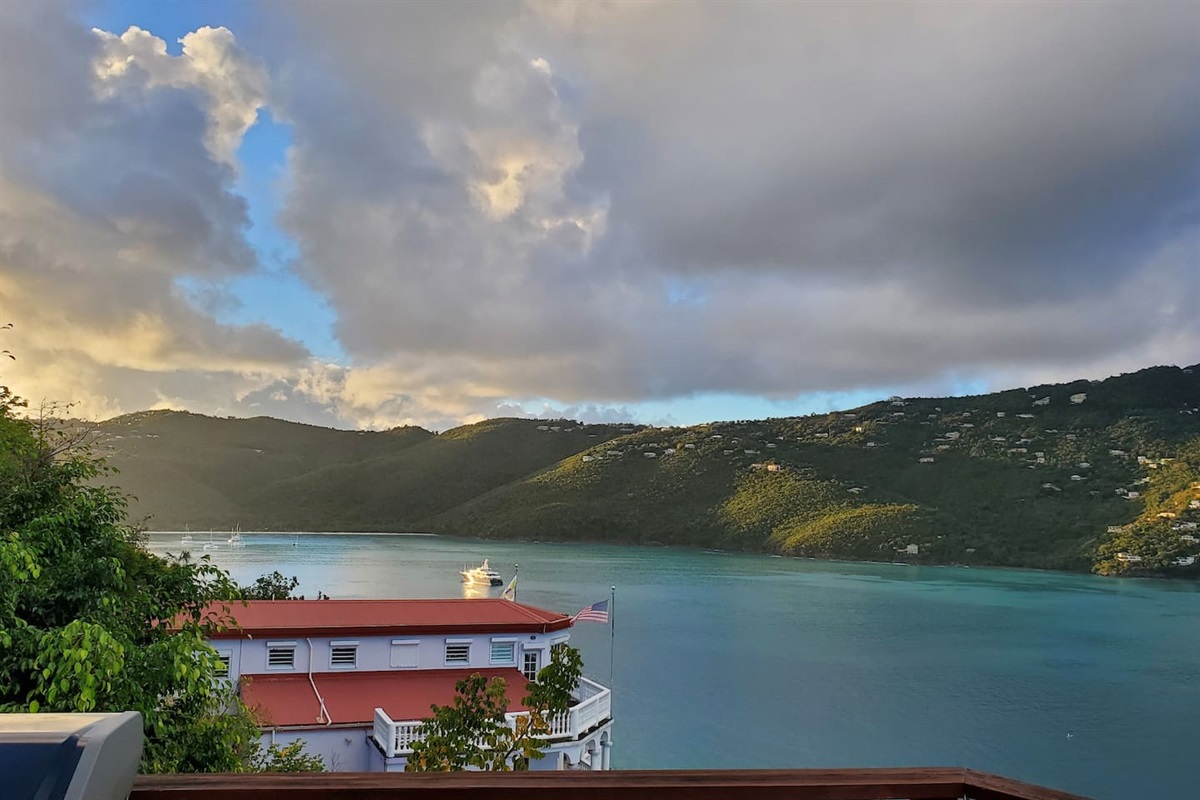 Golden hour views across Magens Bay from the villa.