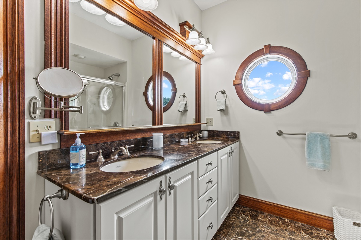 Two sinks in second floor bathroom