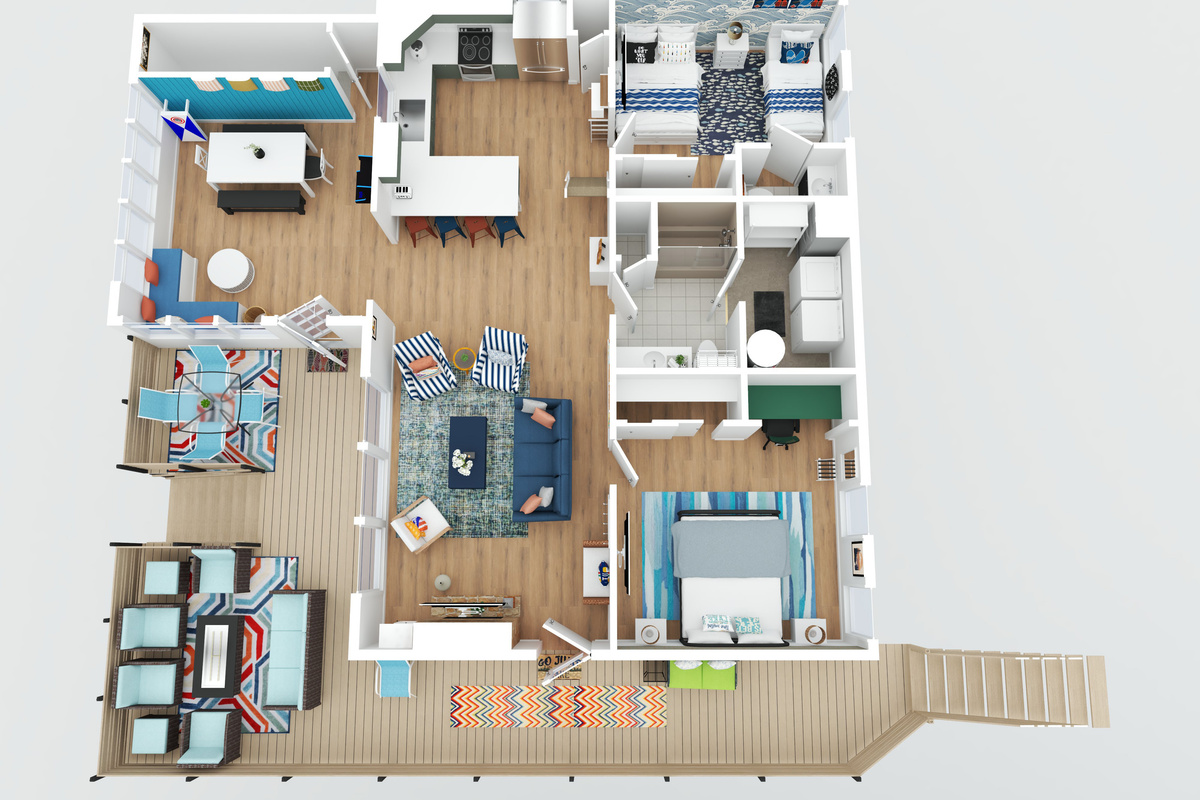 Main floor showing living room, kitchen, dining room, 2 bedrooms, a full bathroom, and outdoor deck