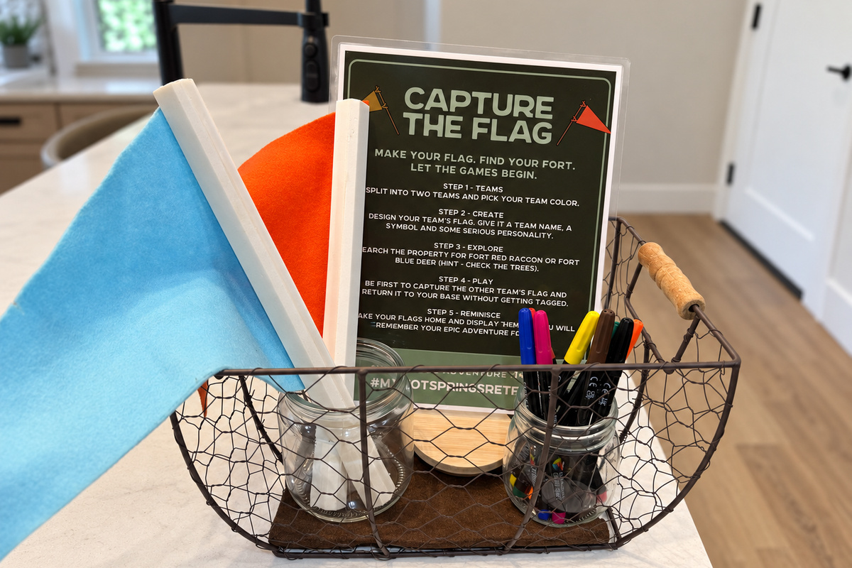 Maybe keep this one a surprise for when you arrive, but somewhere on our 10 acres, we have put up 2 capture the flag checkpoints (team blue raccoon and team red deer).  Design your flags and take them home with you.