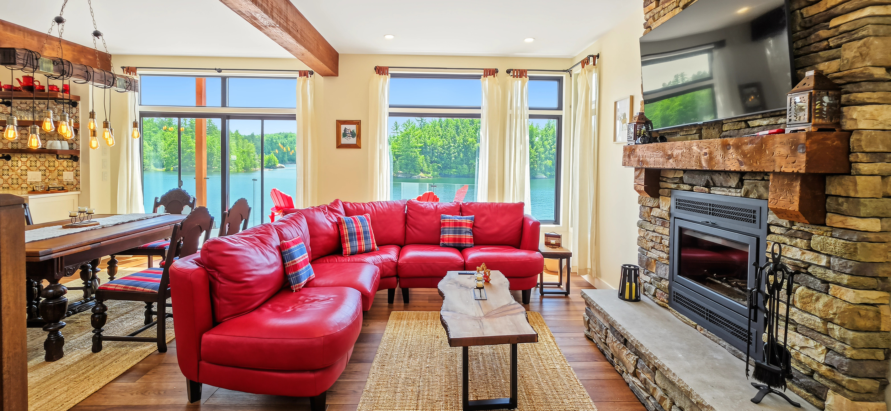 Comfortable seating in front of wood-burning fire place