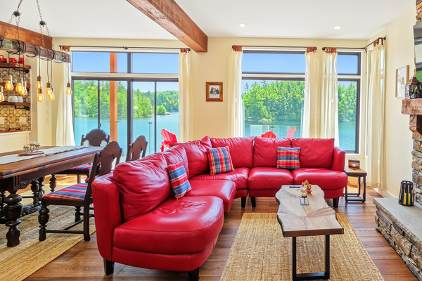 Comfortable seating in front of wood-burning fire place