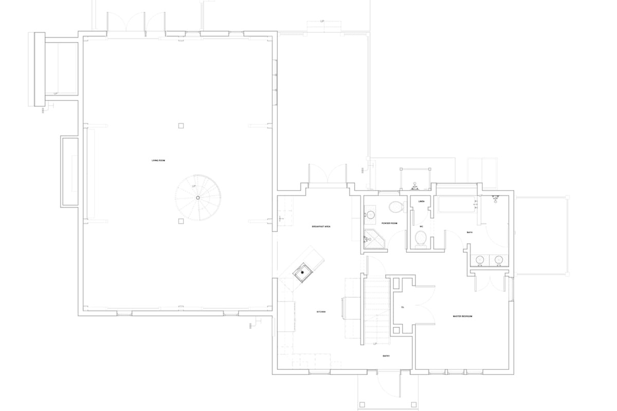 Ground floor / entry level of the big house with living areas, dining, kitchen and decks to the outdoor and the master suite. 