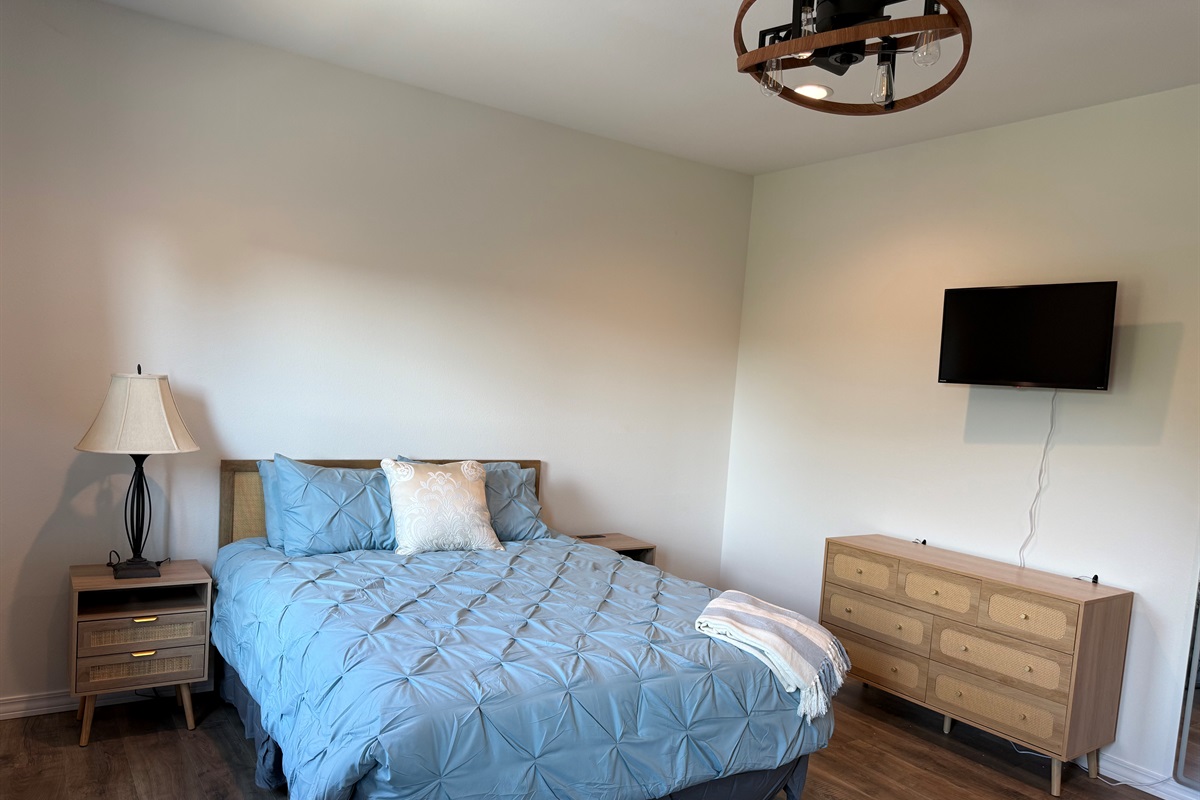 Bedroom #3 has a Queen bed and a set of Bunks. Lower bunk in a Queen and upper is a twin xl. Room is large enough to provide this amount of bedding and still have room to move around. Dresser and night stands also in room