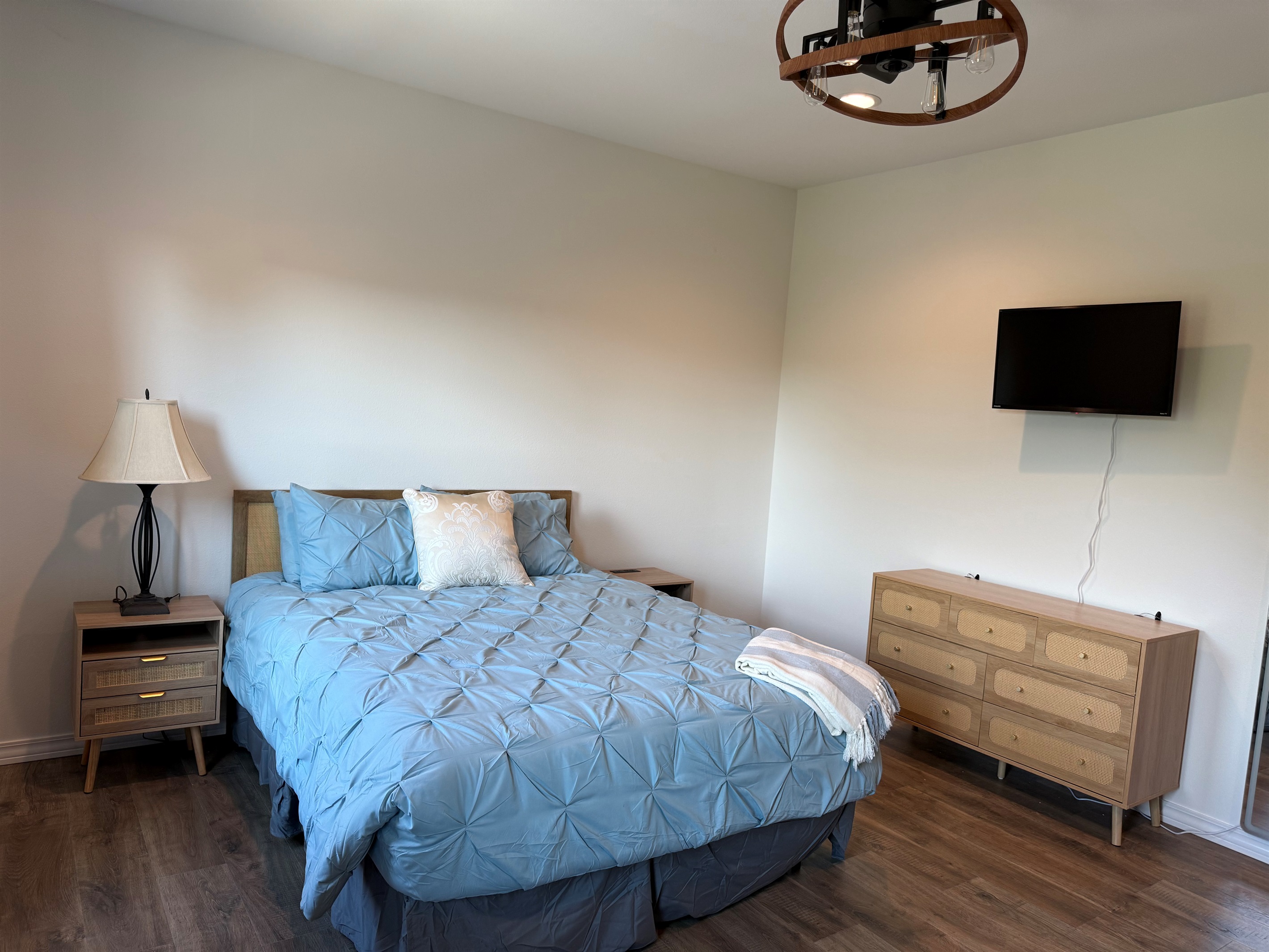 Bedroom #3 has a Queen bed and a set of Bunks. Lower bunk in a Queen and upper is a twin xl. Room is large enough to provide this amount of bedding and still have room to move around. Dresser and night stands also in room