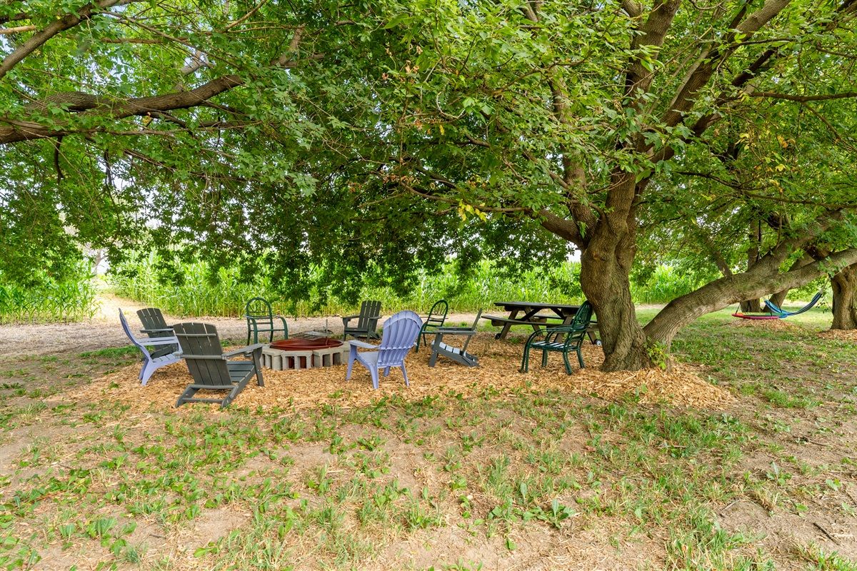 Unwind around the cozy fire pit with seating and picnic space nestled beneath the trees a short walk from the house.