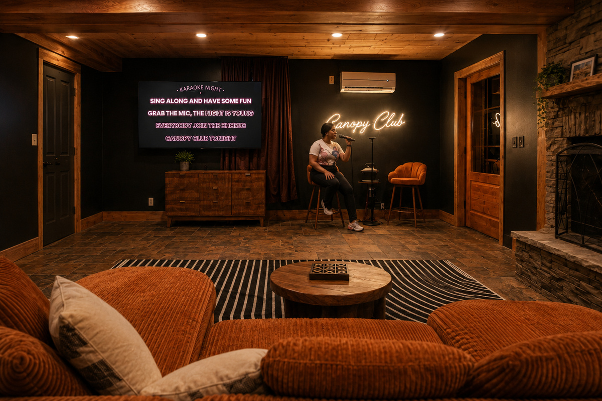 {Canopy Club Karaoke Lounge} Grab the mic, choose your favorite song, and settle in for a cozy karaoke night complete with fireside seating, oversized sectional lounging, and games around the coffee table.
