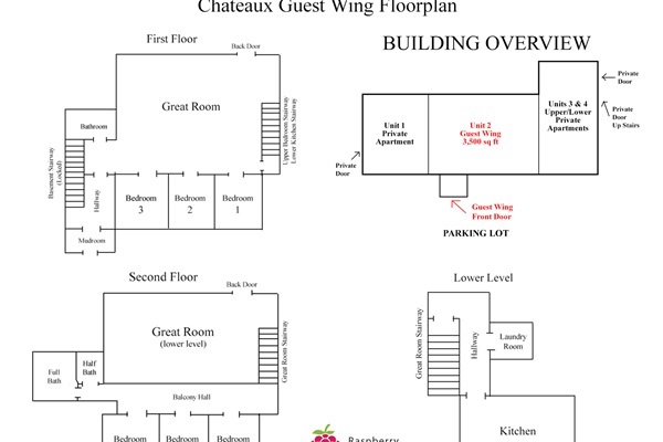 The guest wing's floorplan, including an overall building layout showing that the guest wing is in the middle of the building and has apartments on either side.