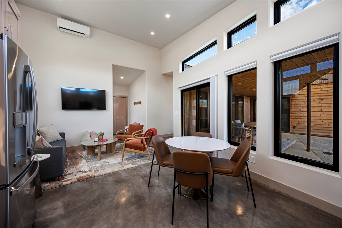 Open living and kitchen areas.