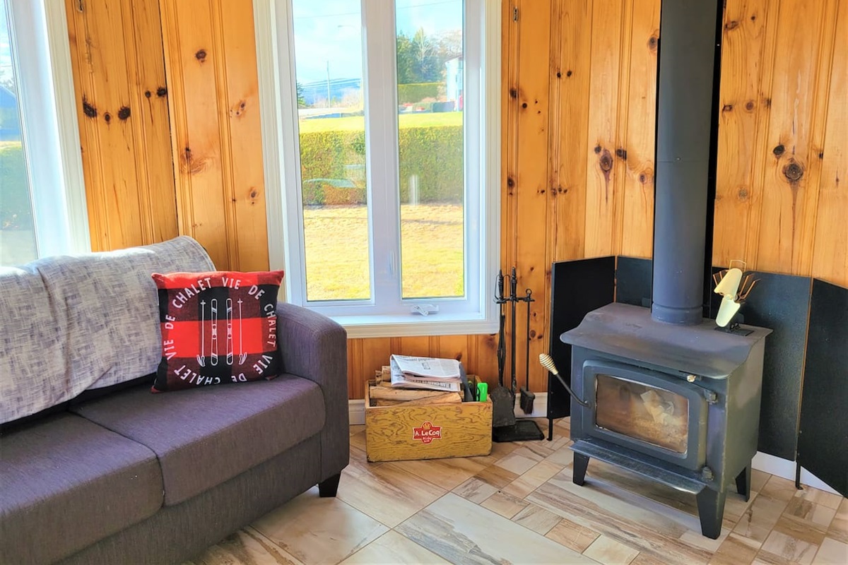 Foyer au bois dans le salon.