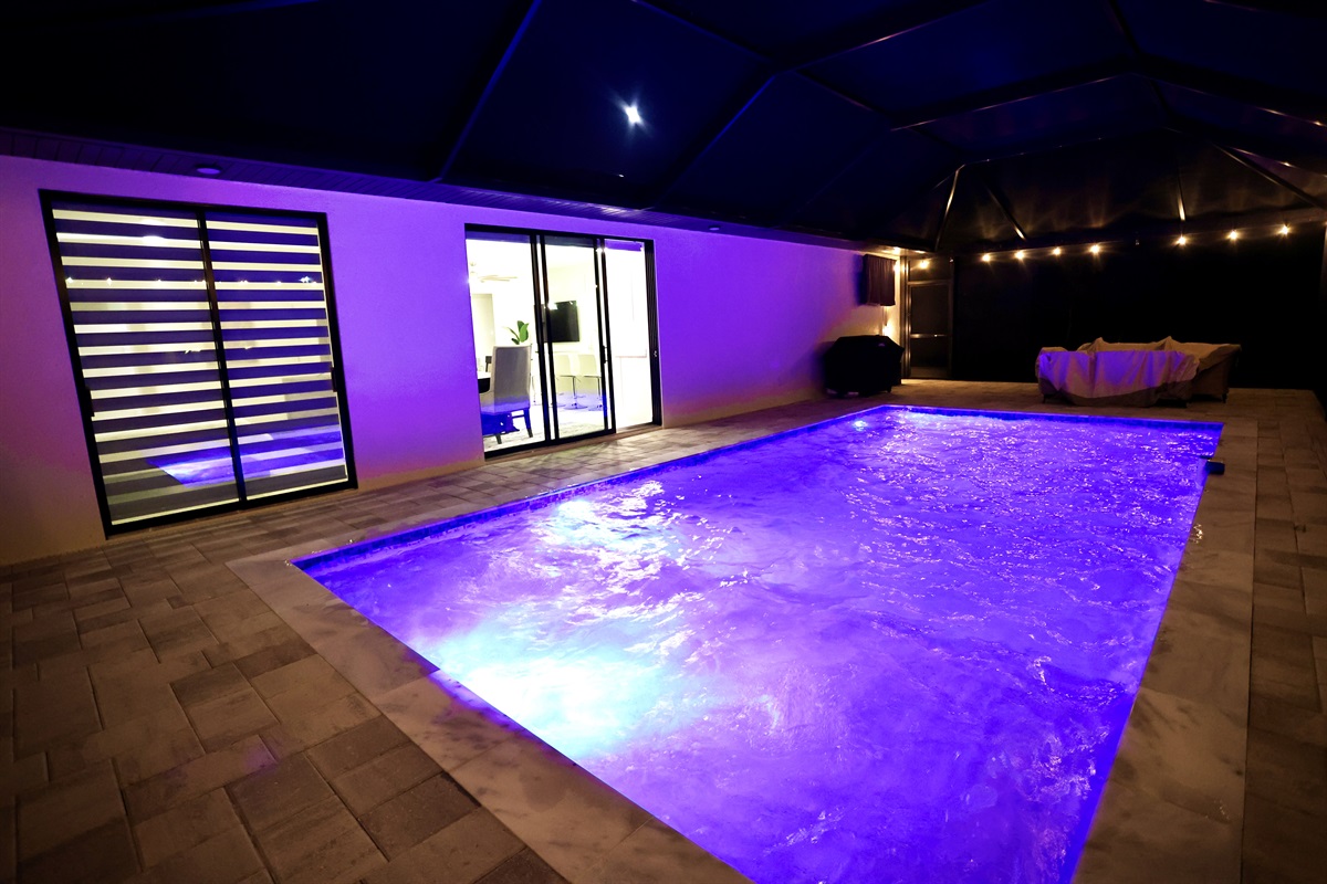 Pool area with string lights